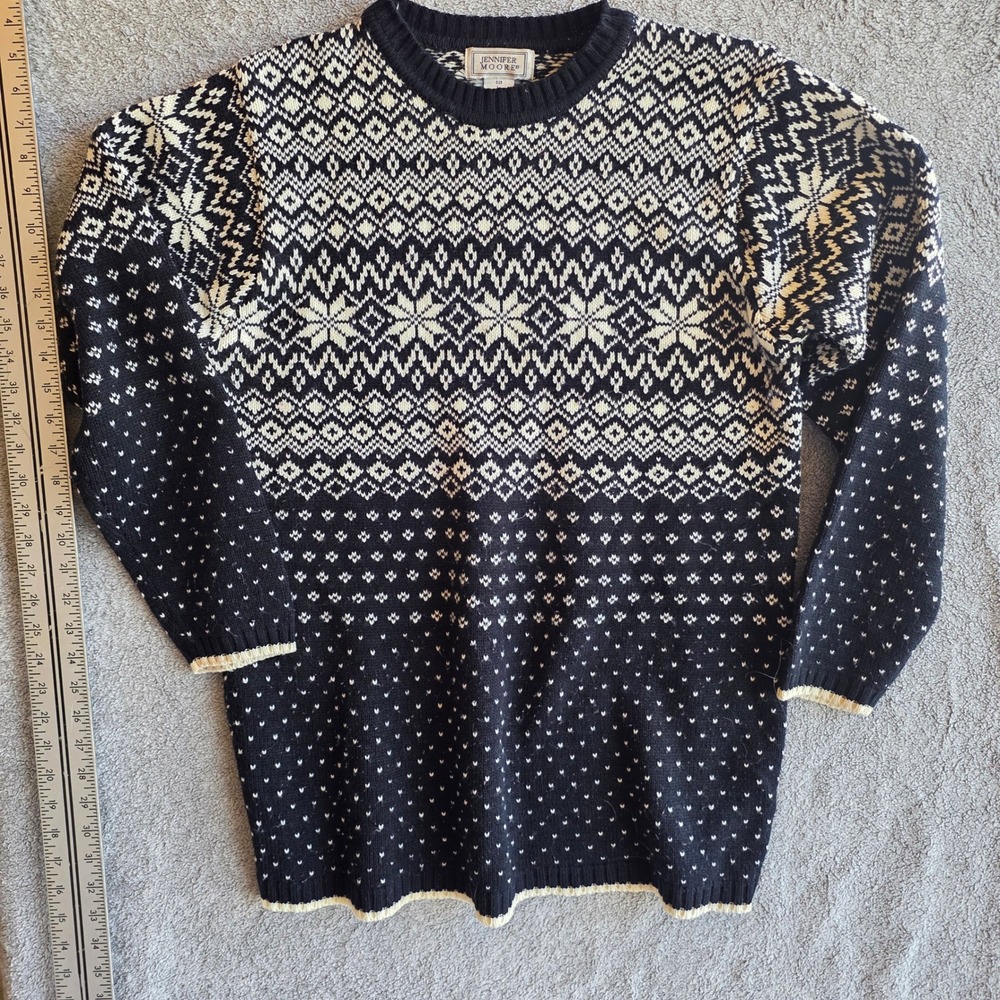 Jennifer Moore Womens Navy‎ Blue Cream Fair Isle Snowflake Knit Sweater Large